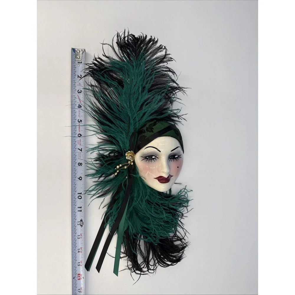 Clay Art Ceramic Face Wall Mask with Feathers and Lace, Fabulous